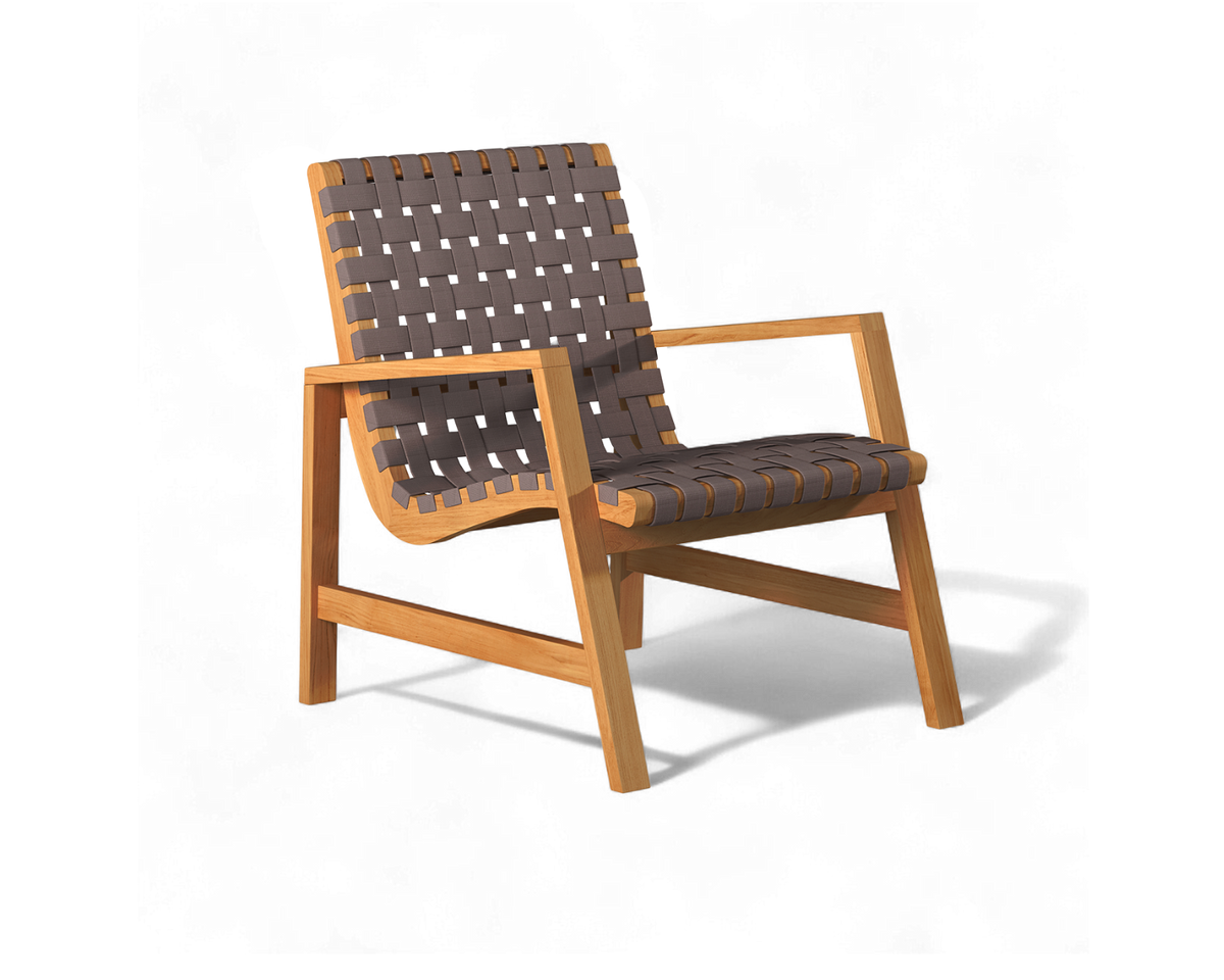 Axelle woven teak lounge chair with grid-pattern polyester straps, by Curated Maison