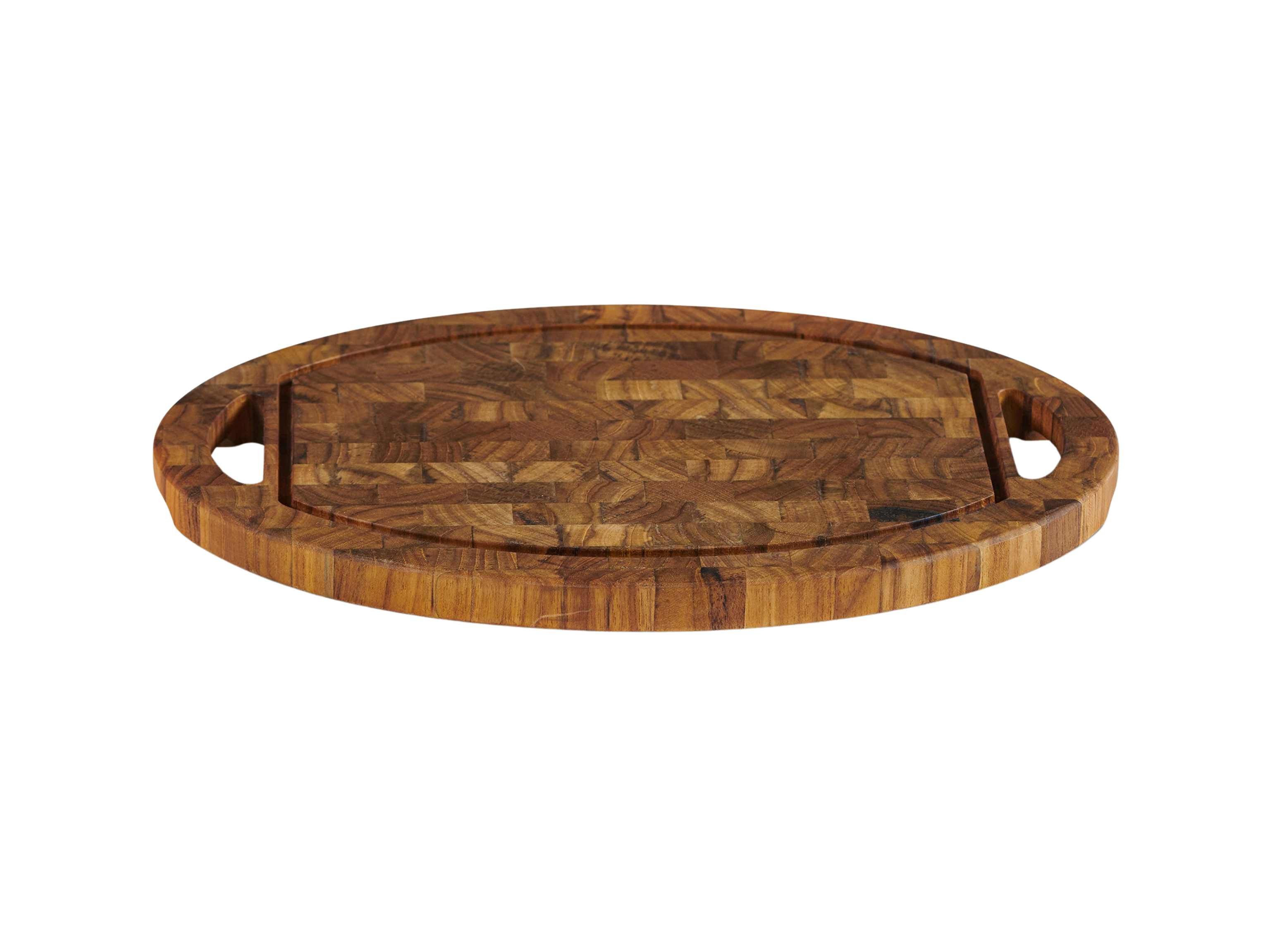 Coupe oval teak cutting board with juice groove and cut-out handles, by Curated Maison