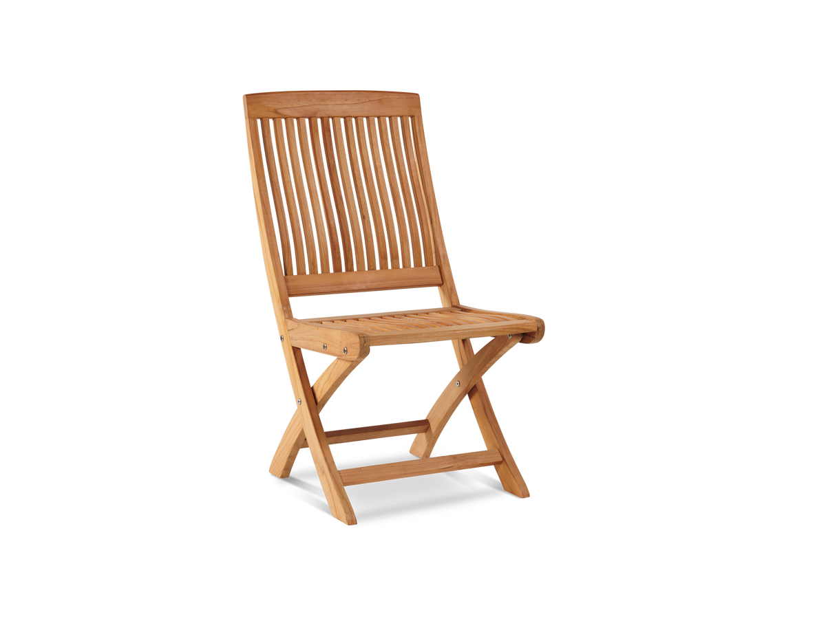 Florence teak dining side chair with folding frame and sling seat, front view