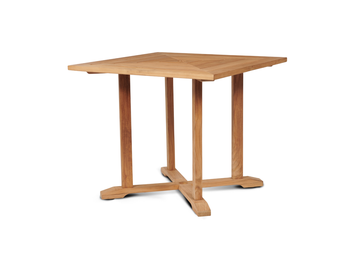 Boucher teak dining table with a pre-drilled umbrella hole, by Curated Maison
