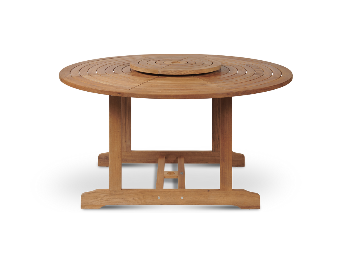 Ambre teak dining table with a built-in lazy susan, by Curated Maison