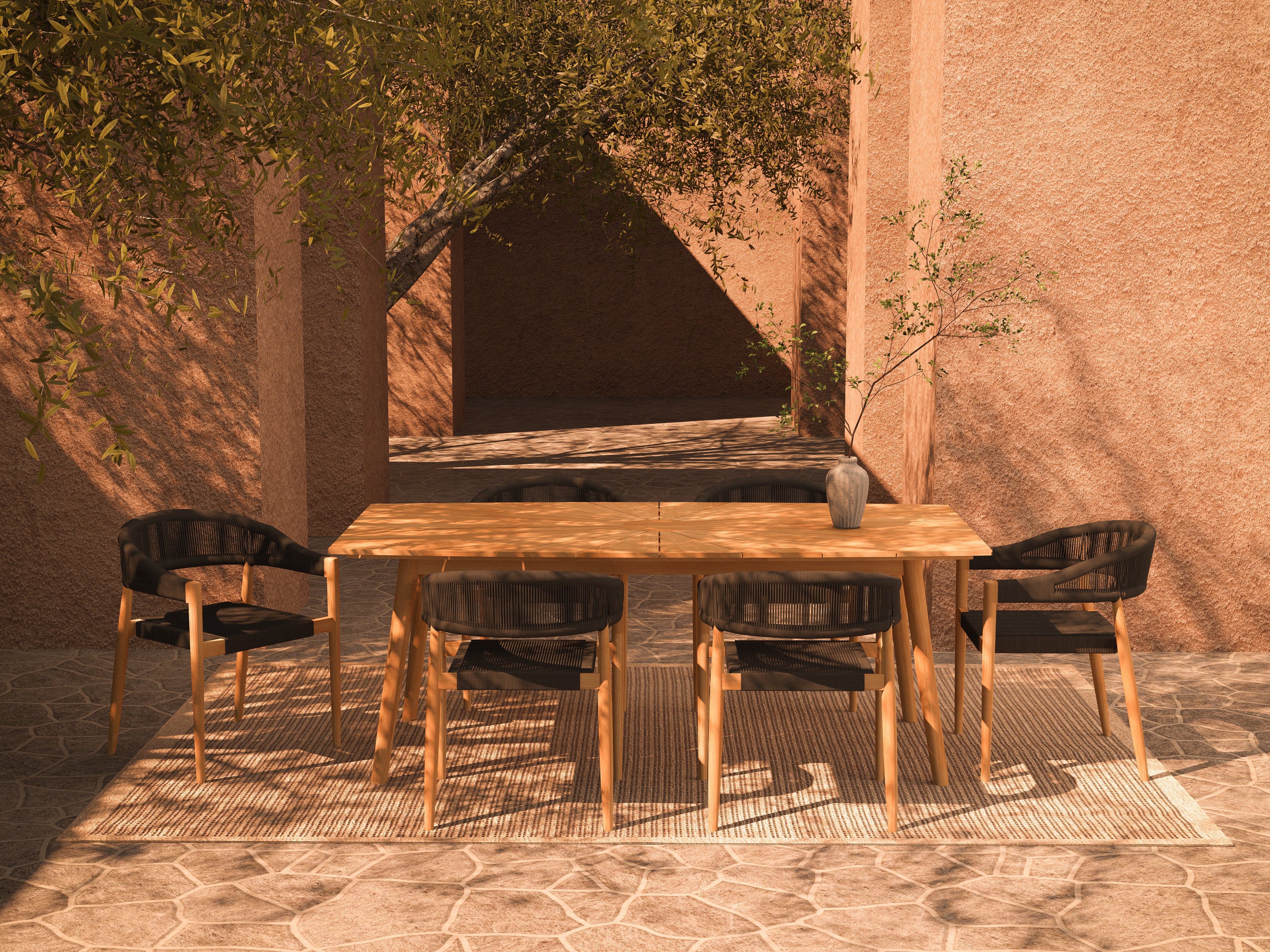 Valerie teak and rope dining armchairs outdoors