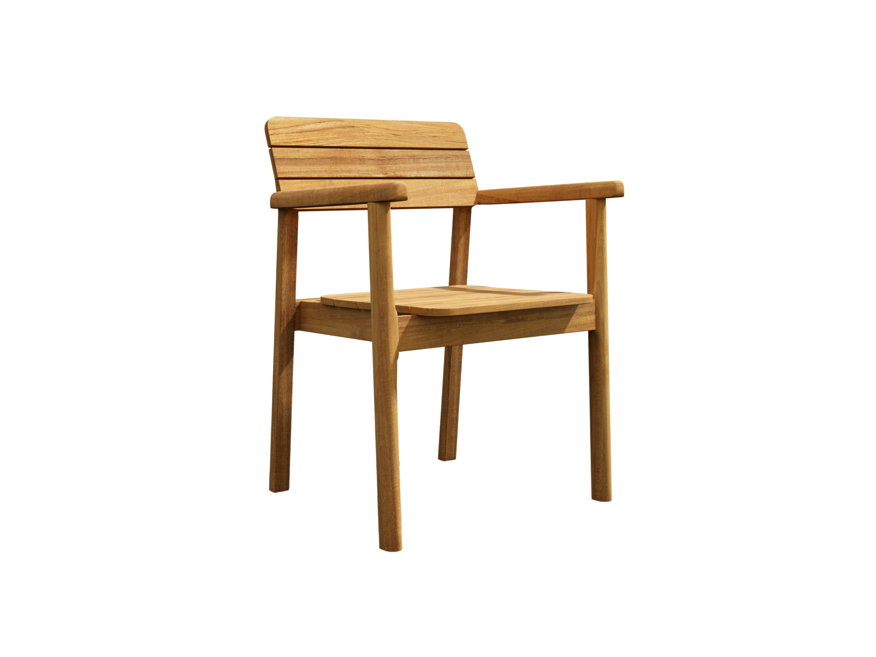 Riva teak dining armchair with wide angled slats, set of 4 — front view
