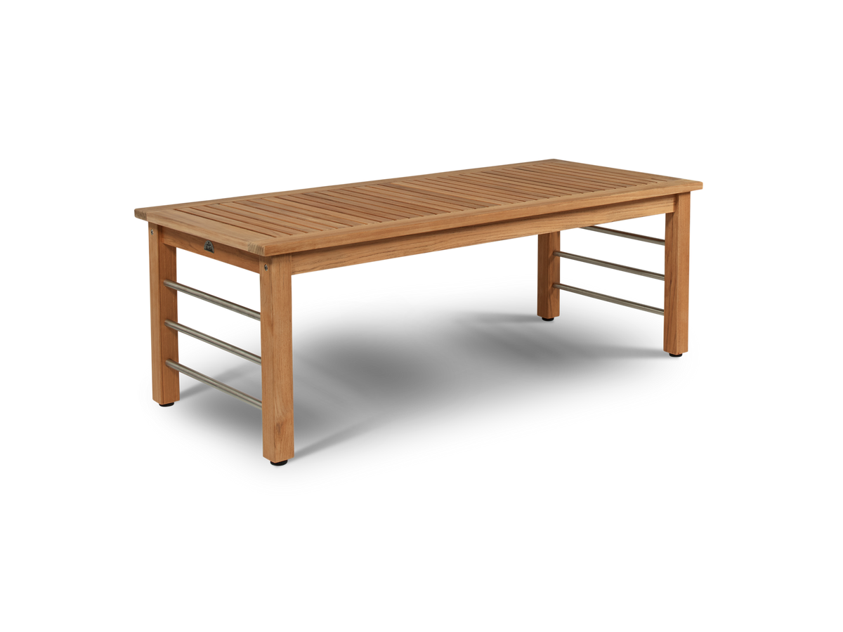 Leon teak coffee table with slatted top on a slim frame, front view