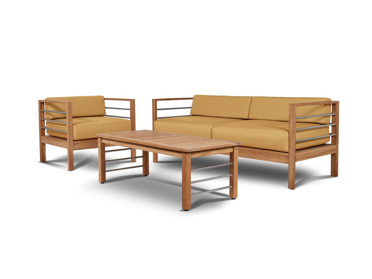 Leon teak coffee table, detail of the slatted top and frame join