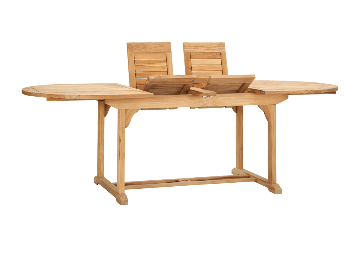 Amelie teak dining table with self-storing extension leaves, by Curated Maison